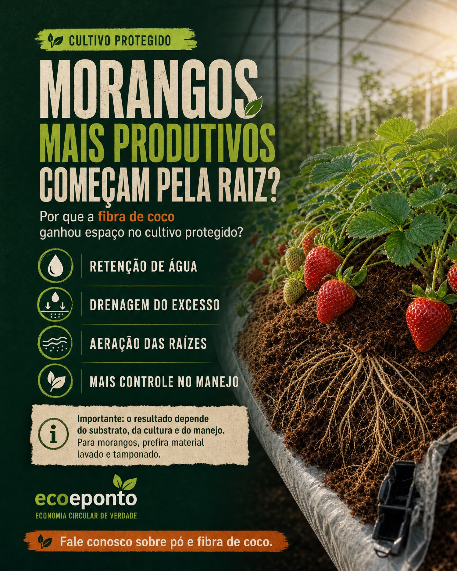Material da marca Eco e Ponto sobre cultivo de morango em substrato de coco