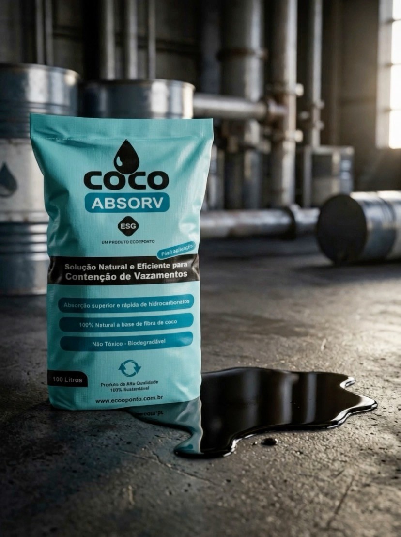 Embalagem do Coco Absorv ao lado de óleo em piso industrial
