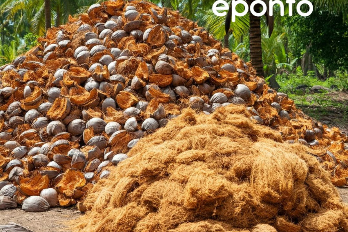 monte de casca de coco seco e um monte de fibra de coco, mostrando como a Eco e Ponto está transformando a casca em fibra